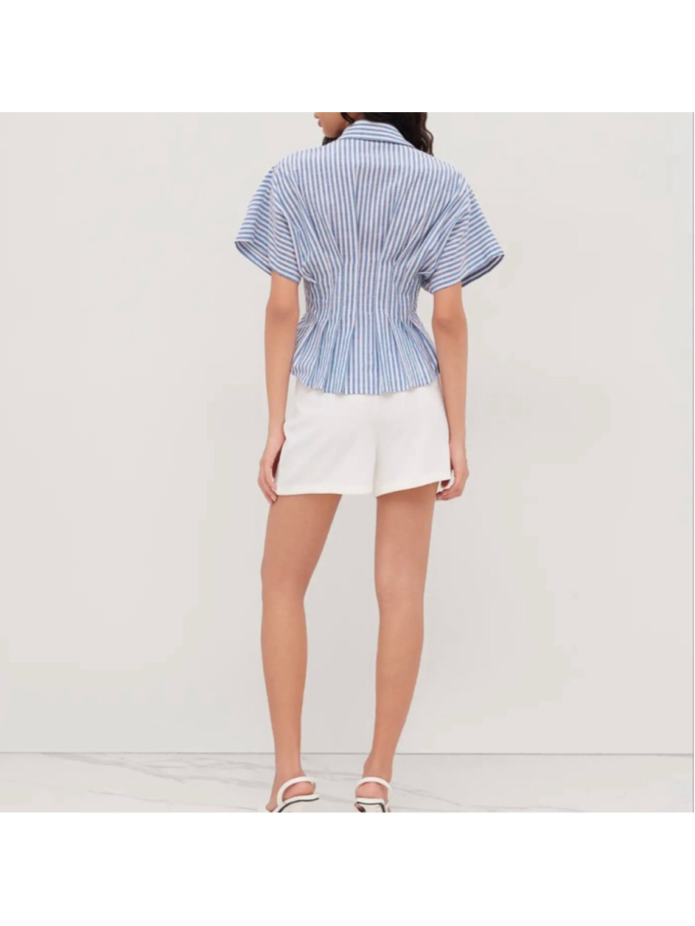 Cider COTTON-BLEND COLLAR STRIPE PLEATED CINCHED WAIST SHIRT blue and white 0X - Picture 2 of 12